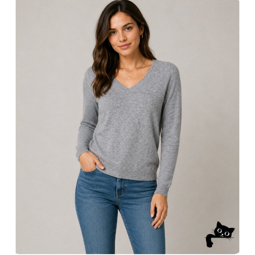 Love Tree Gray V-Neck Long Sleeve Pullover Sweater Banded Hem Thin Jumper Small