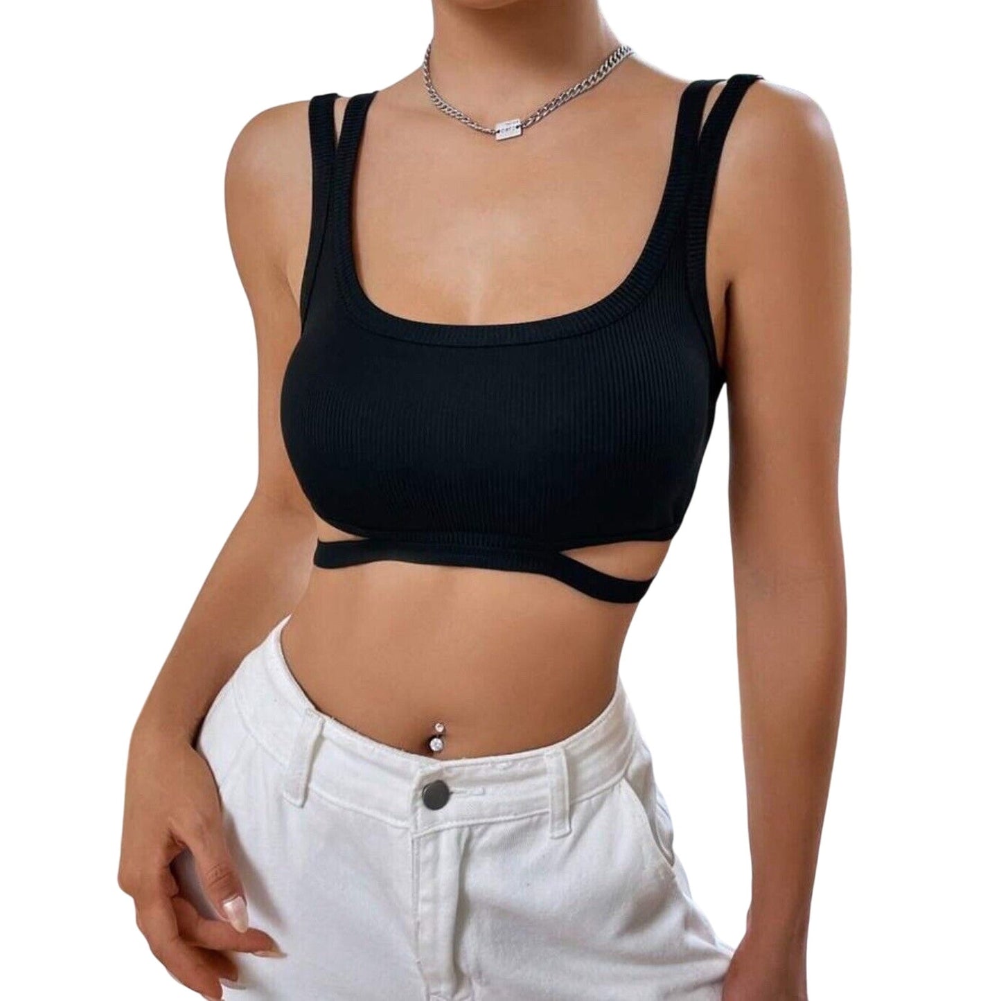 Dion Lee Sexy Black Strappy Crop Tank Top Double Adjustable Strap Cutouts XS