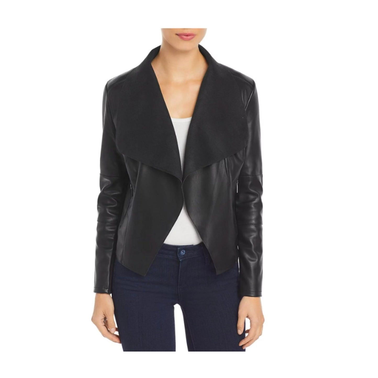 Bagatelle Pewter Gray Faux Leather Open Front Waterfall Jacket Zip Pocket Medium