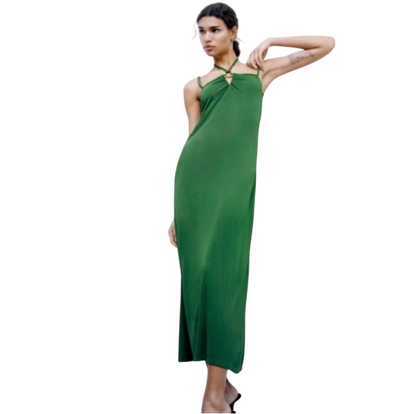 Zara Emerald Green Strapless V-Neck Keyhole Halter Top Tie Back Maxi Dress M