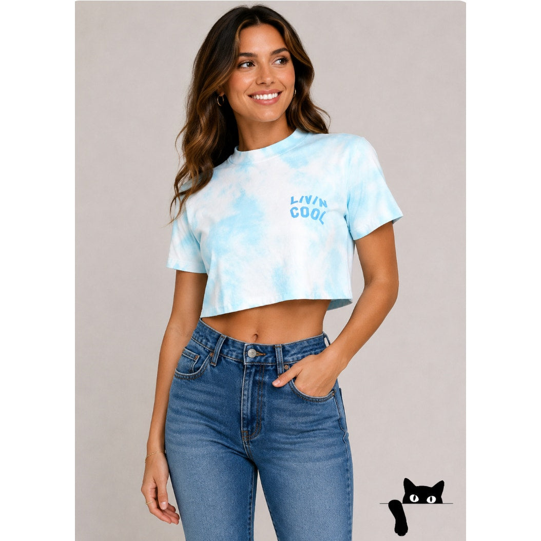 Livin Cool Pale Blue White Tie Dye Livin Cool Logo Short Sleeve Crop Tee XS