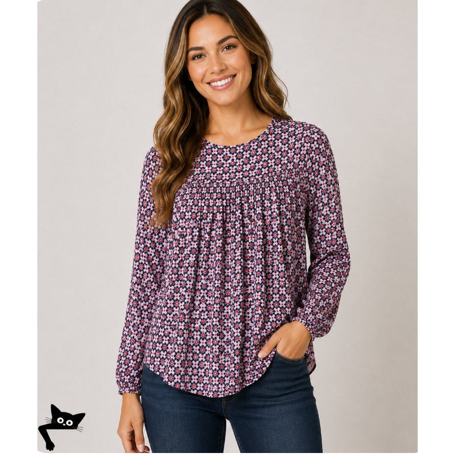 Ann Taylor Loft Purple Pink & White Flowy Blouse Long Sleeve Shirred Yoke XXSP