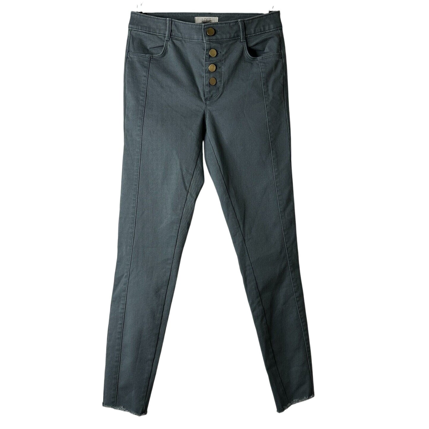 NWT Loft Slate Gray Gold Button Fly Frayed Hem Pant Jean Front Stitch Seams 00
