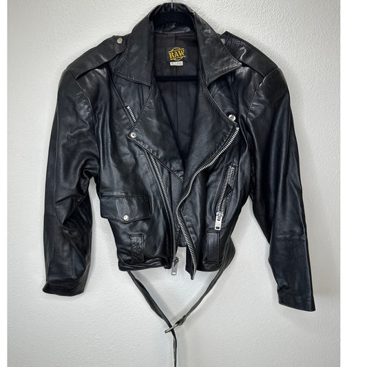 Raw Black Leather Silver Zip & Hardware Belted Shoulder Pad Moto Jacket L