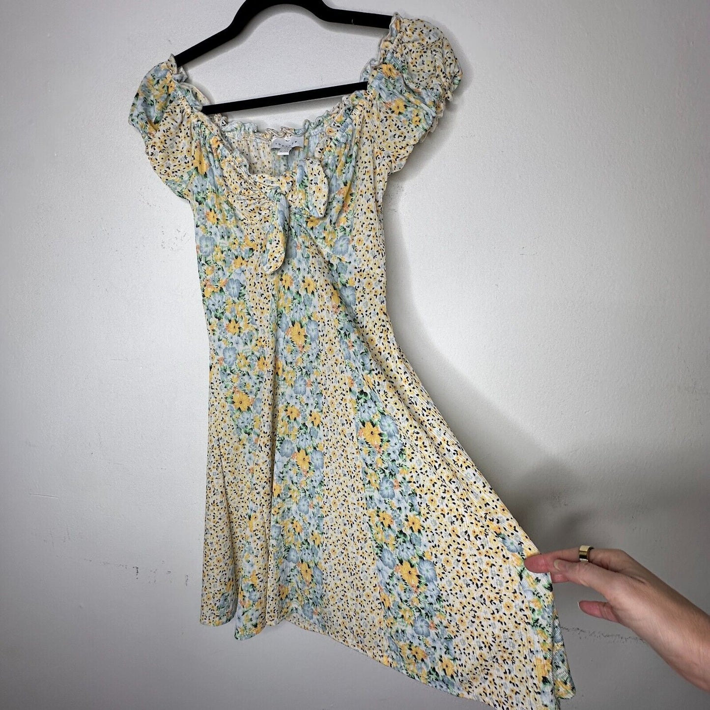 Topshop Cute Yellow Multi Color Ditsy Floral Off Shoulder Mini Puff Sleeve 4