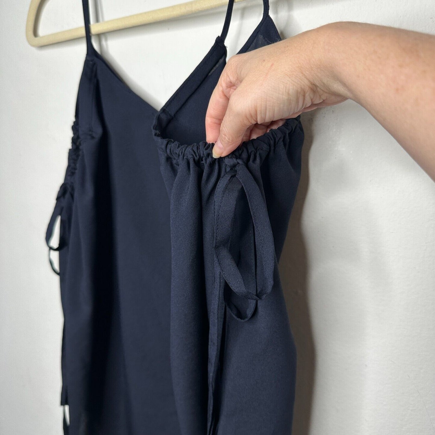 Fora Black Spaghetti Strap V-Neck Cami Ruche & Tie Under Arms Flowy Tank Top S