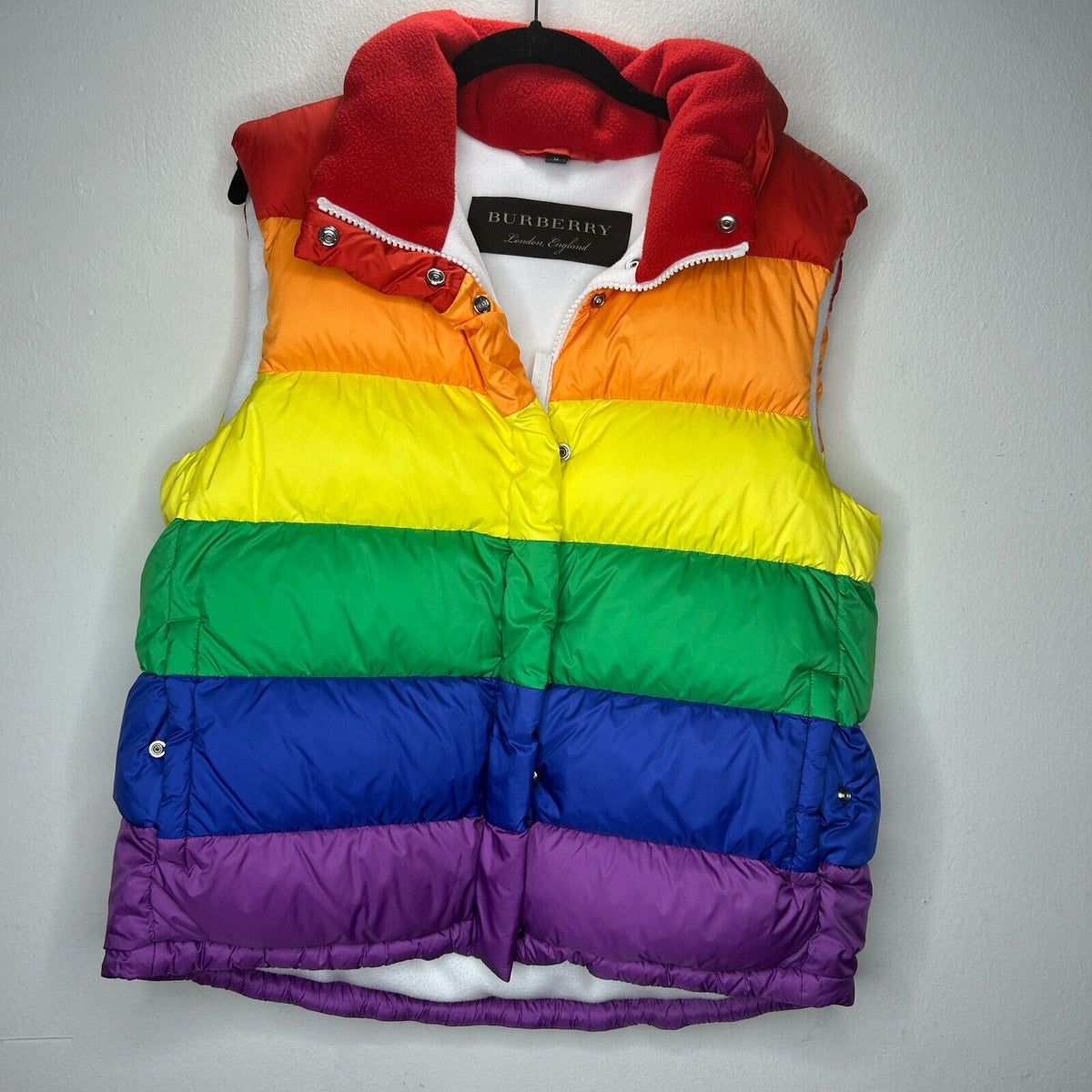 RARE Burberry Rainbow Stripe Down Filled Quilted Puffer Vest Concealed Zip S