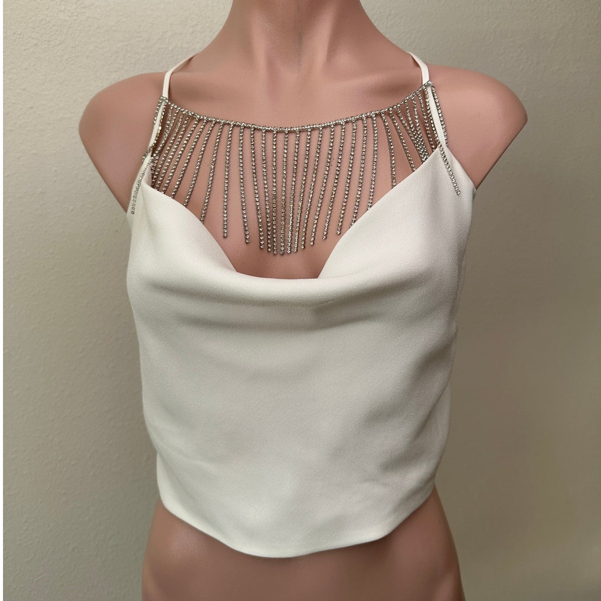 Nicholas Rhinestone Fringe Cowl Neck Ivory Crop Top – Women’s M