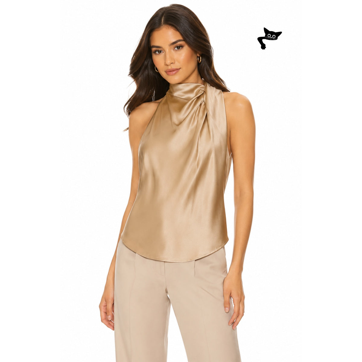 The Sei Champagne Silk High Neck Drape Blouse Women's US 2