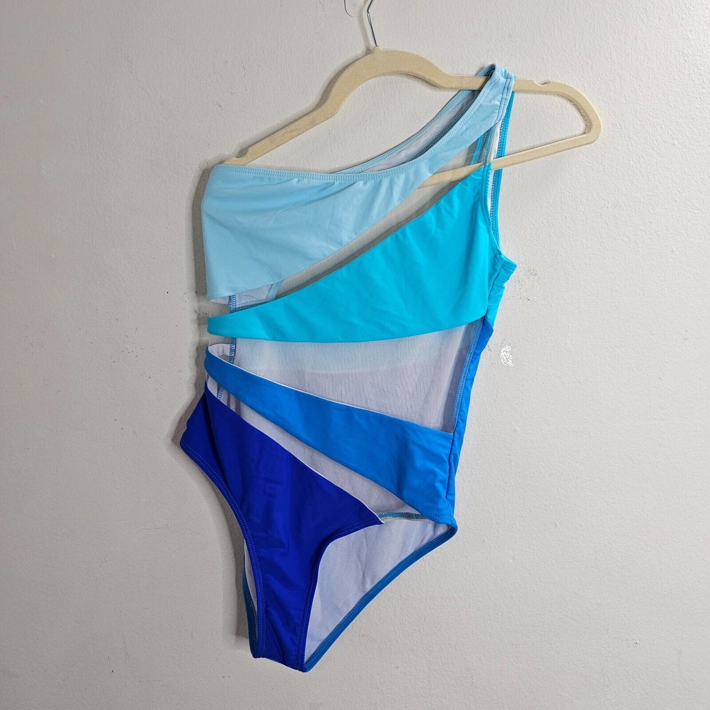 Blue & Teal Color Block Sheer Design One Shoulder Swim Suit One Piece Small