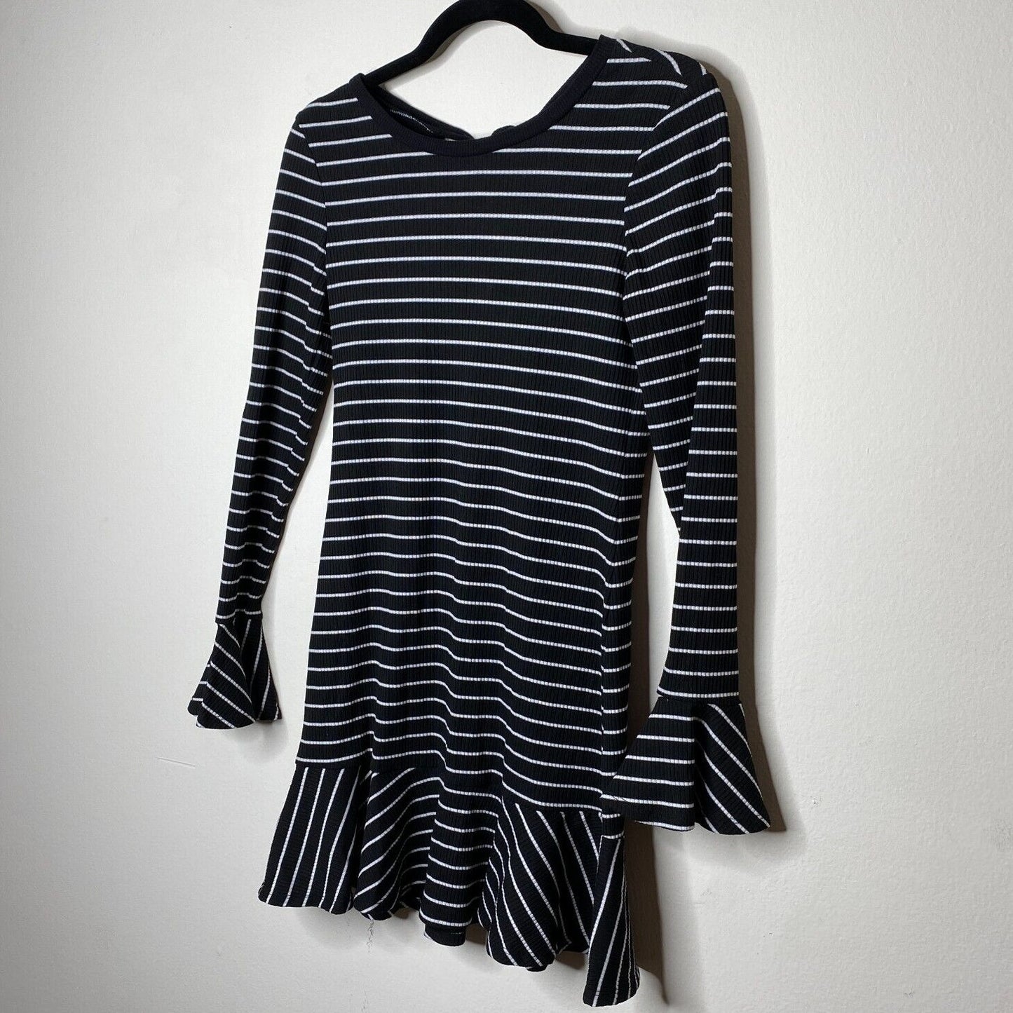 Saylor Black & White Stripe Tessa Bell Long Sleeve Keyhole Tie Knit Dress S