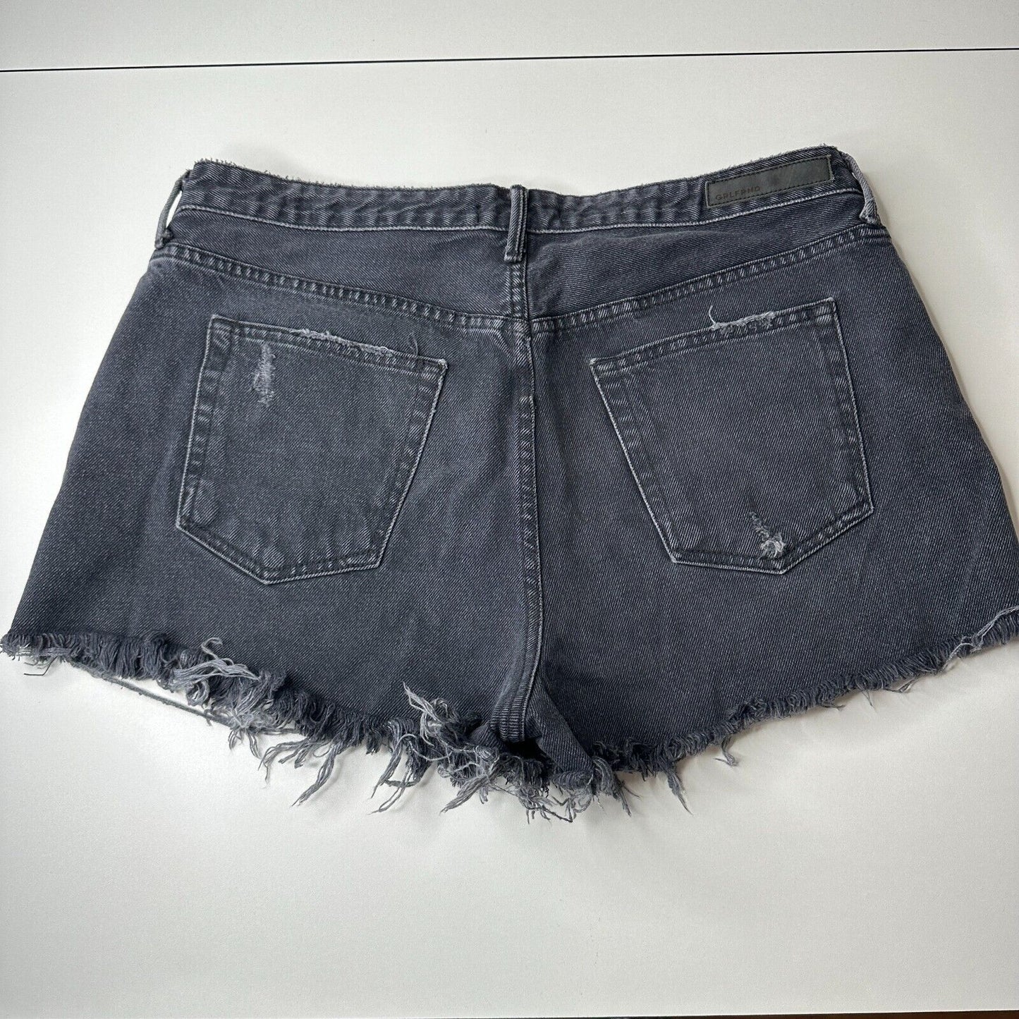 GRLFRND Cindy Hidden Button Fly High Rise Gray Cut-Off Jean Shorts Raw Hem 32