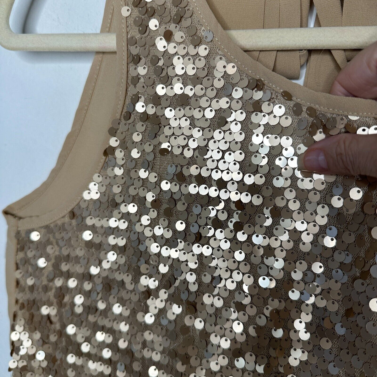 Night Out Copper Metallic Gold Sequin Sleeveless Open Back Tie Tank Blouse S
