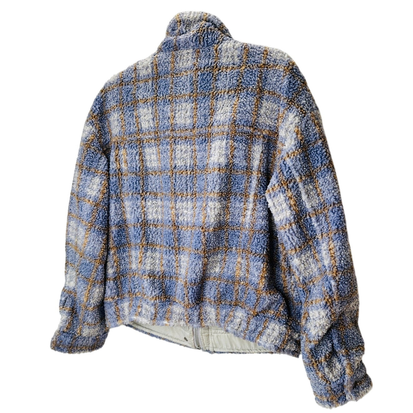 We The Free Fuzzy Loop Stitch Ivory Blue Tan Mock Neck Zip Jacket XS