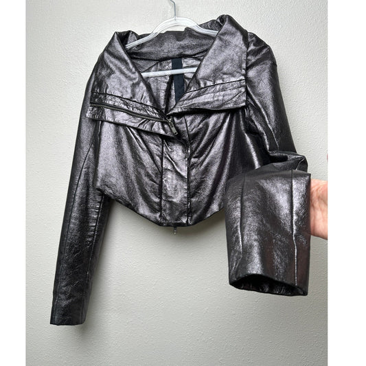 Gareth Pugh gunmetal calf leather cropped jacket women’s 10 draped zip