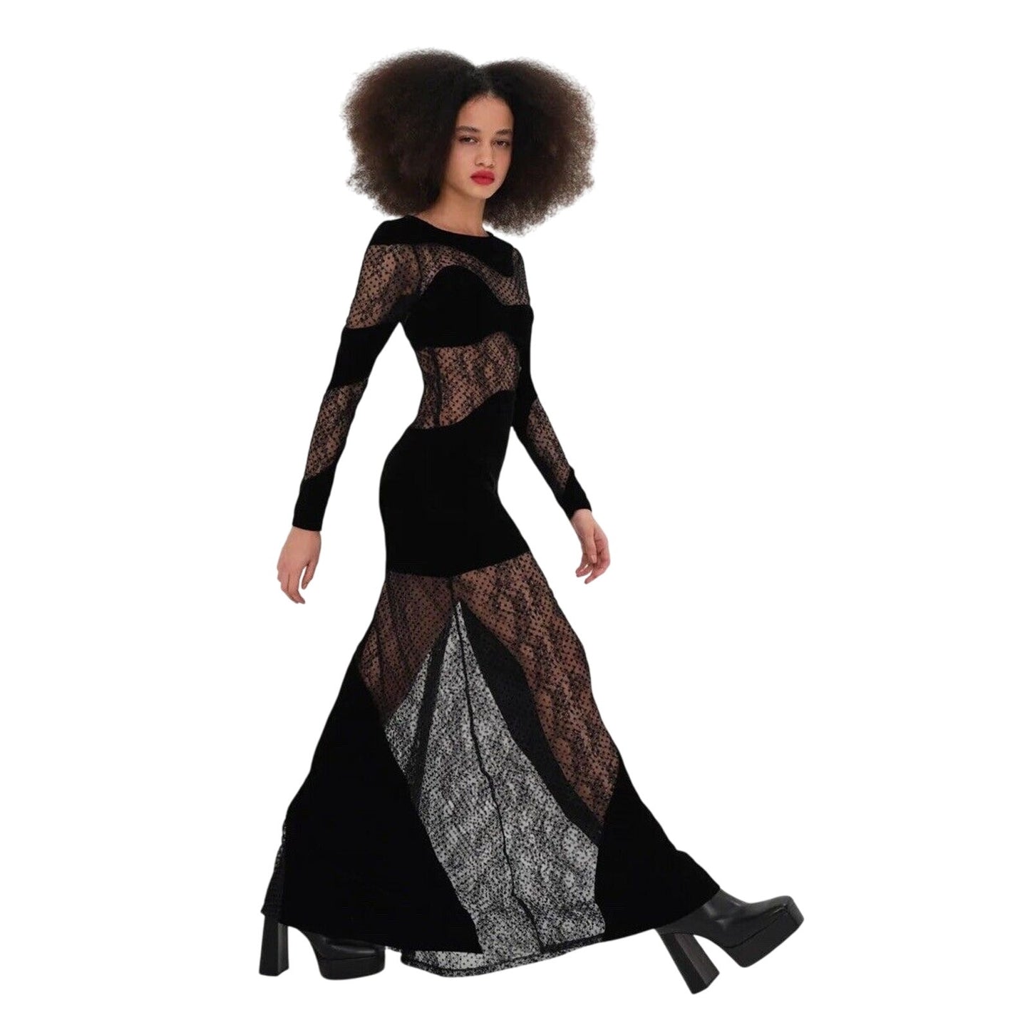 For Love & Lemons Carolyn Sheer Black Velvet Wavy-Flock Dot Lace Panel Dress XS