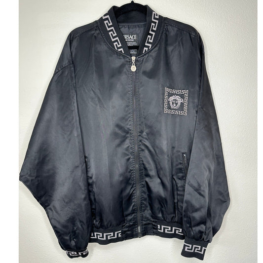Versace Jeans Medusa Black Silver Embroidered Logo Long Sleeve Zip Bomber Jacket