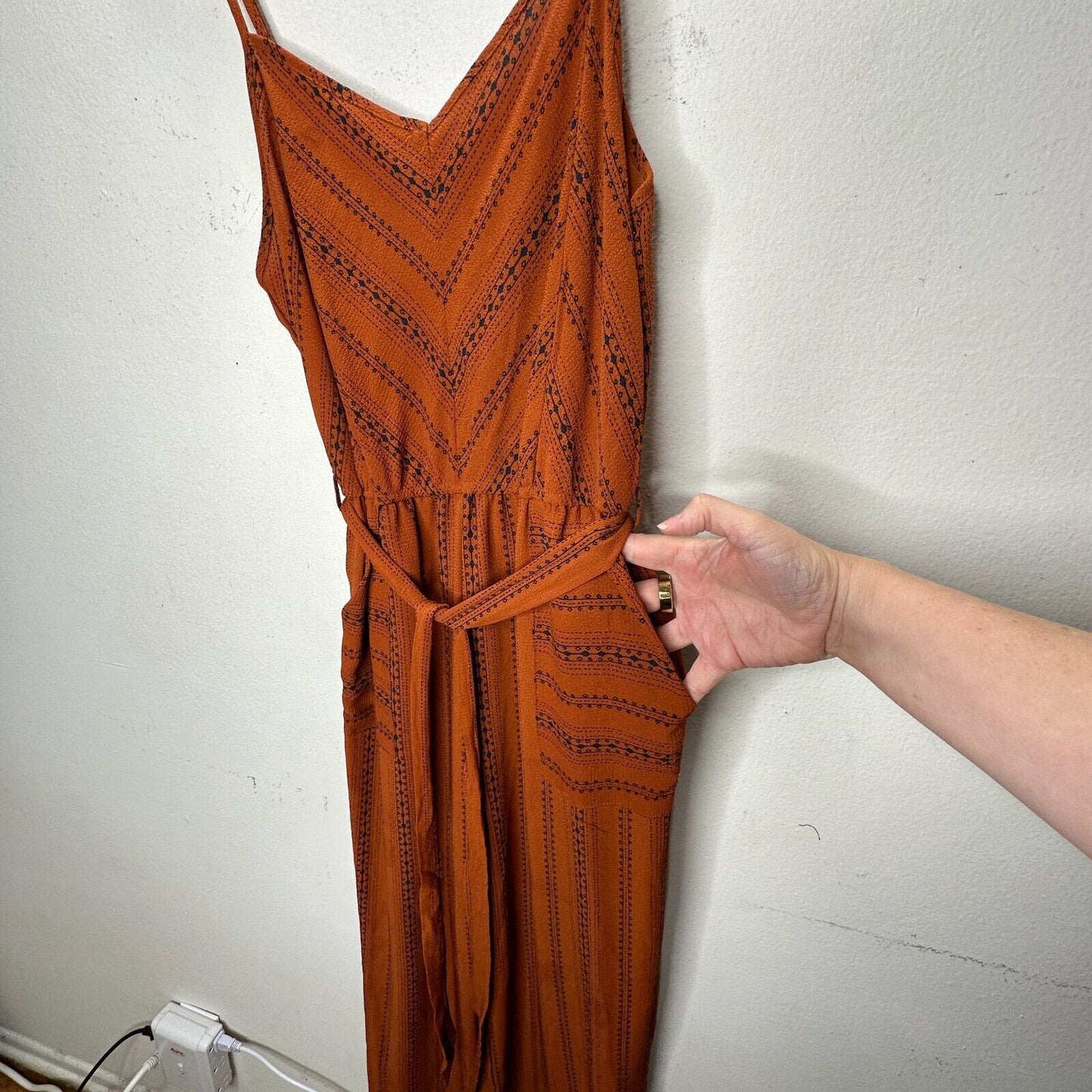 E & M Rust & Black Aztec Print V-Neck Spaghetti Strap Pockets Tie Waist Jumpsuit