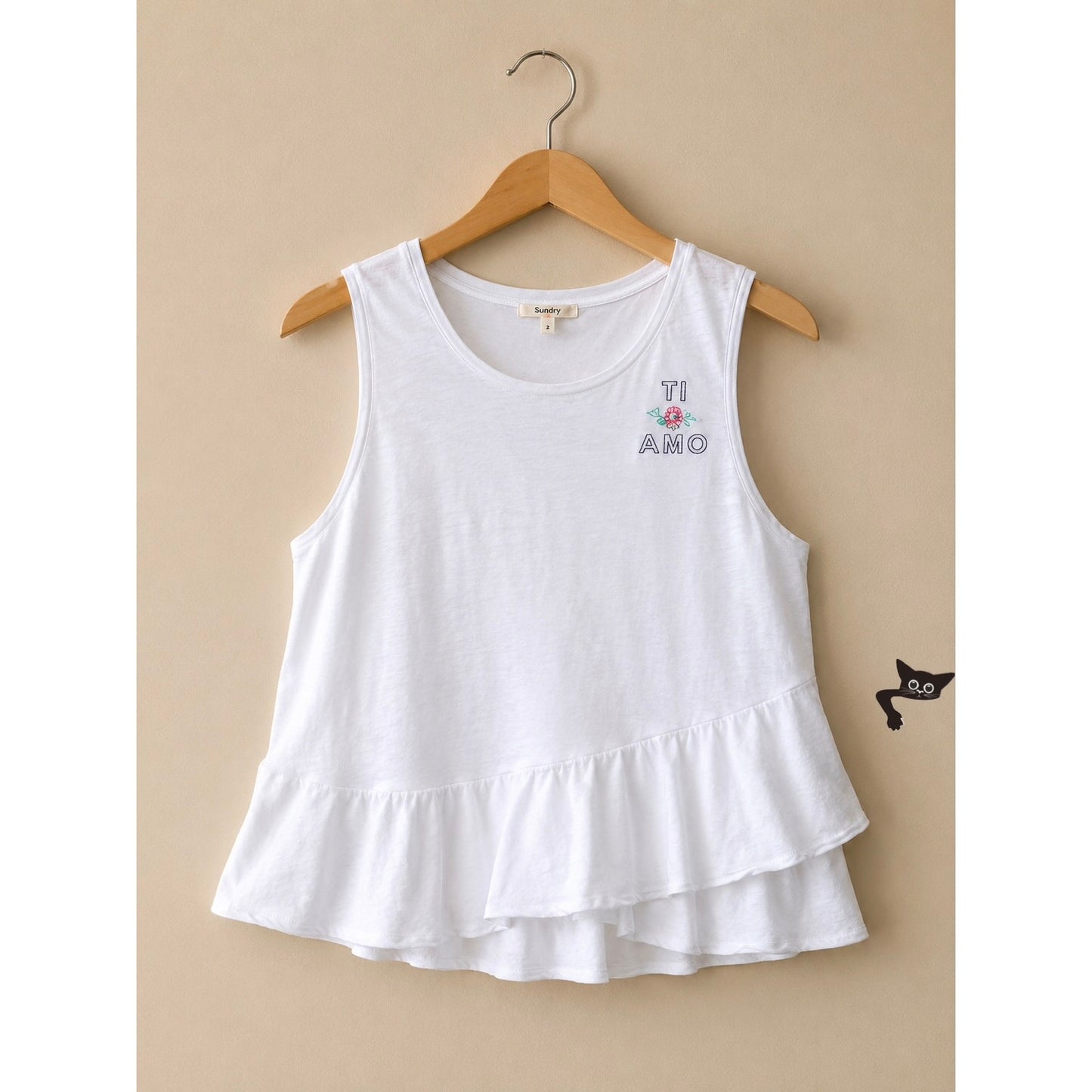 Sundry Ti Amo Graphic White Peplum Tee Tier Front Ruffle Relaxed Tank Top 2