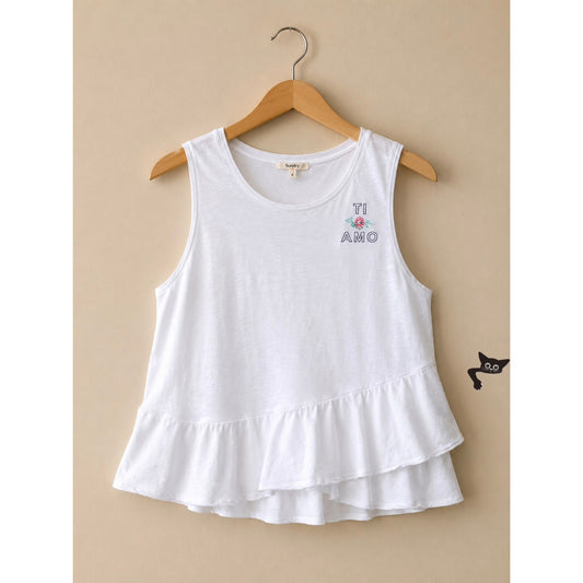 Sundry Ti Amo Graphic White Peplum Tee Tier Front Ruffle Relaxed Tank Top 2