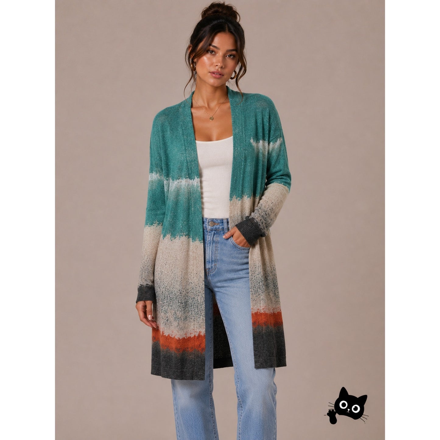 Printed Artworks Cashmere Silk Teal Tan Brown Orange Stripe Long Cardigan Small