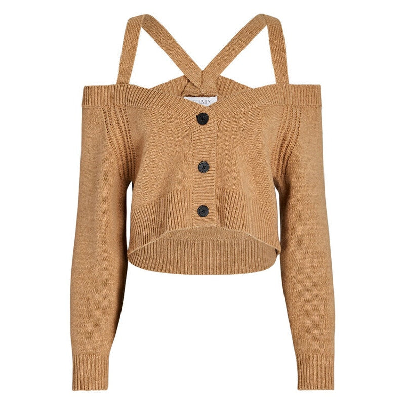 Intermix Beige Rumi Cold Shoulder V-Neck Button Cardigan P