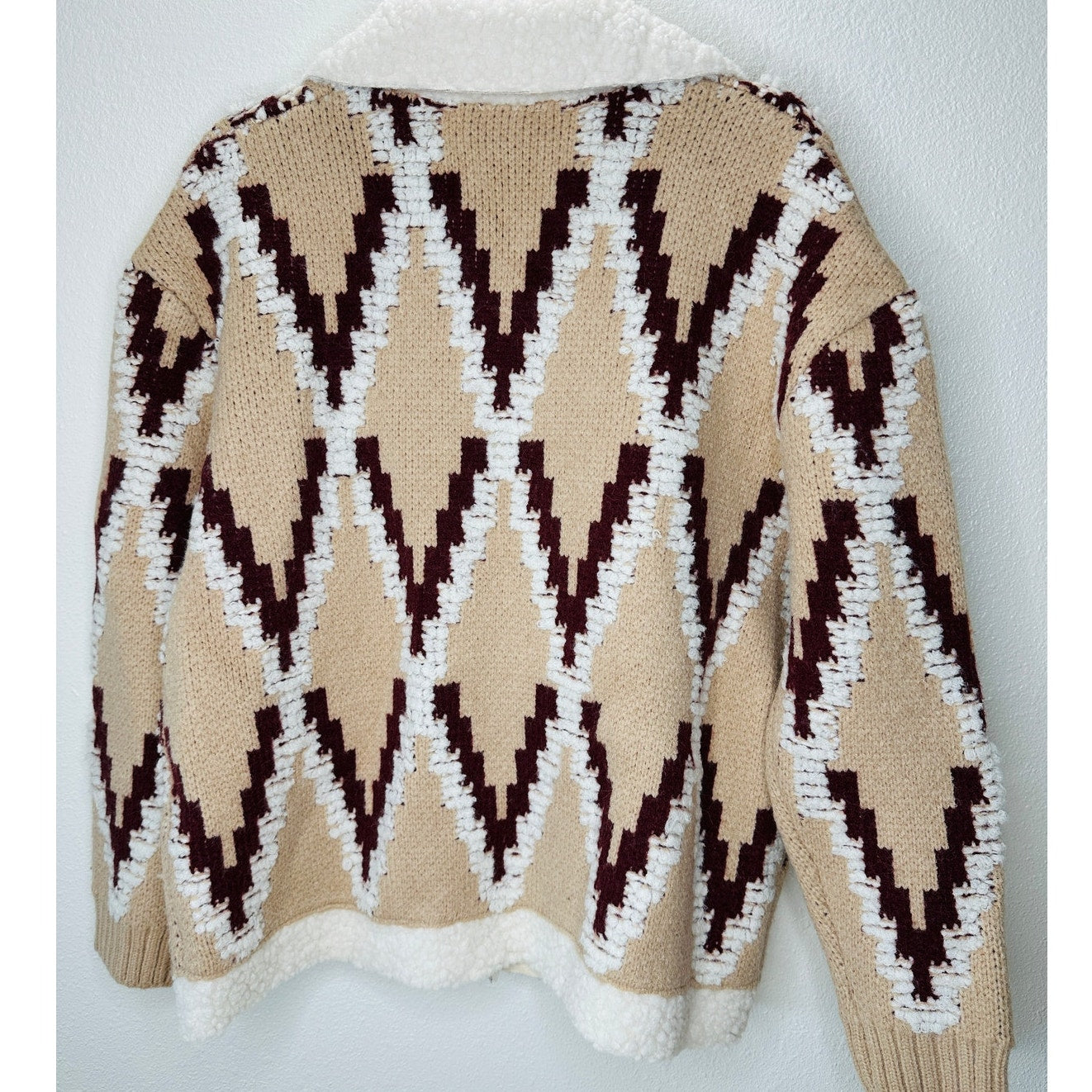 a. peach Tan Ivory Burgundy Southwest Print Button Collared Sweater Jacket S