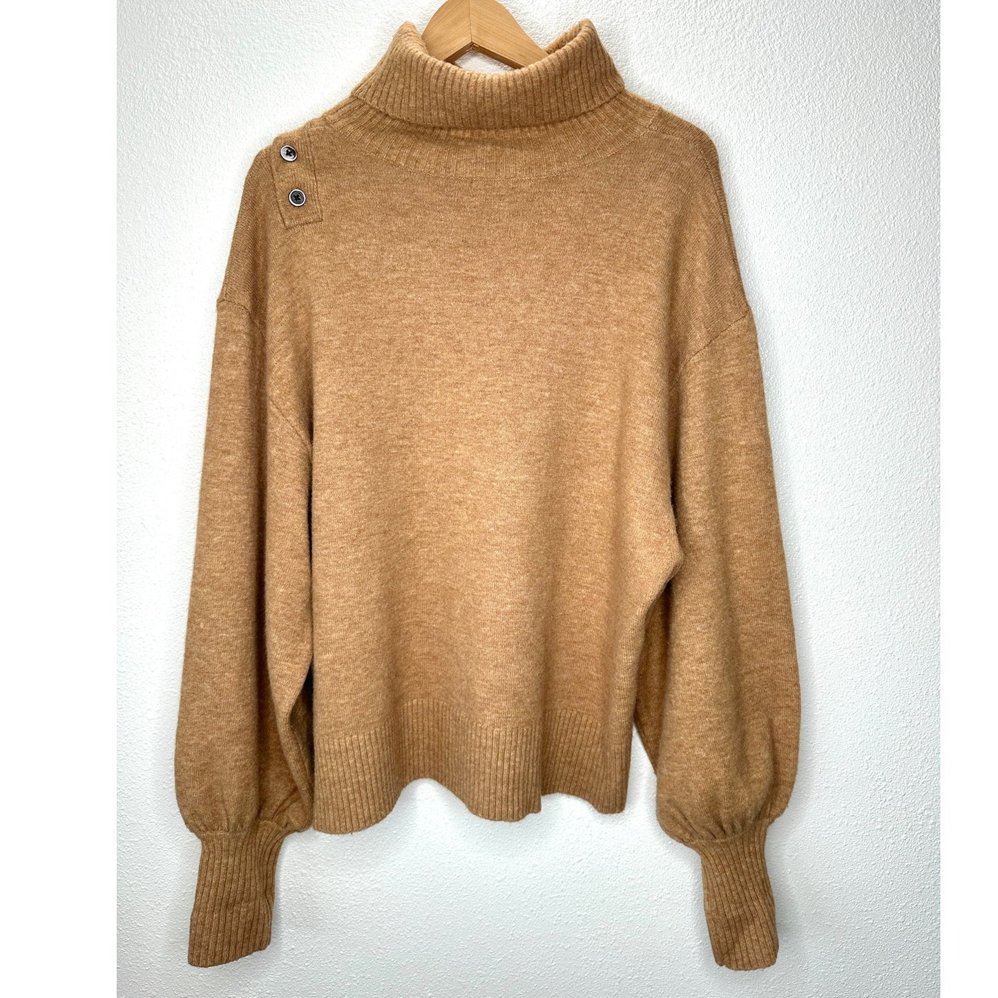 Marissa Webb Blake Camel Brown Button Cashmere Blend Turtleneck Sweater M