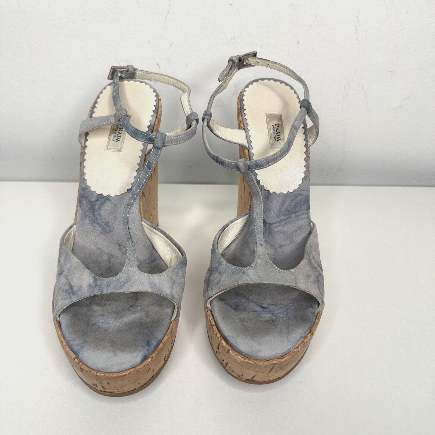 Prada Tie Dye Light Blue Suede Tan Cork Wedge Sandals Ankle Espadrilles 38