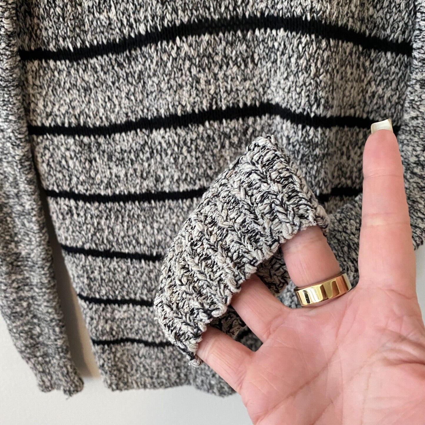 Lou & Grey Chunky Knit Black & Gray Off White Stripe Open Cardigan Zip Pocket XS