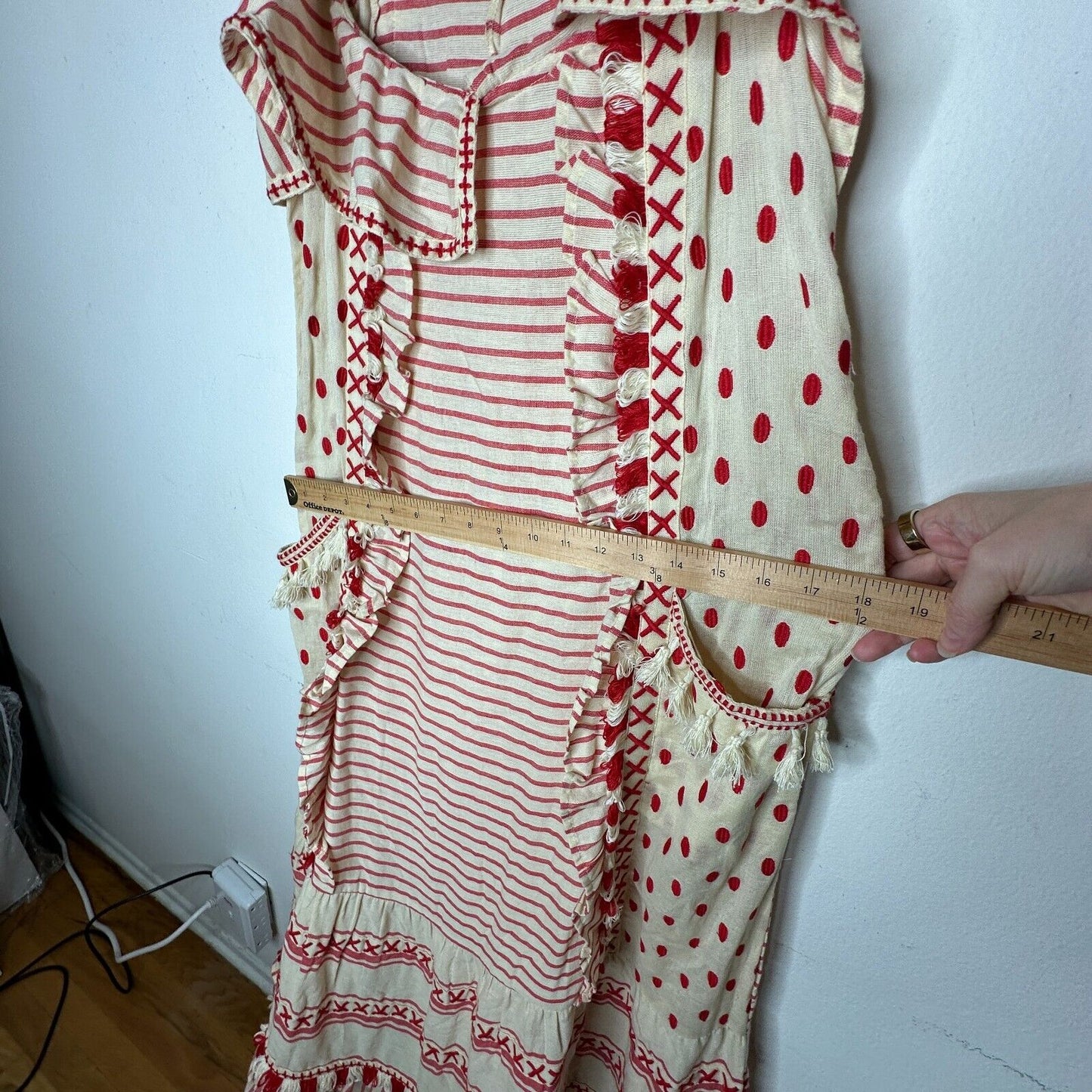 DODO BAR Tan & Red Stripe Polka Dot Ruffle Fringe Maxi Boho Resort Dress  S