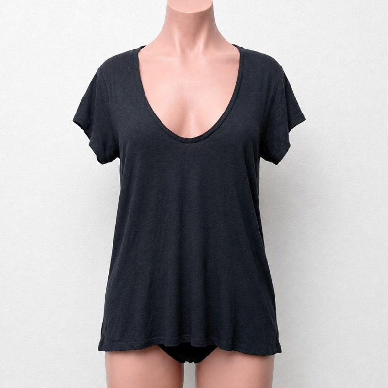 James Perse Black Deep V Round Neck Slub Tee Shirt Cap Sleeve Top 3 / L