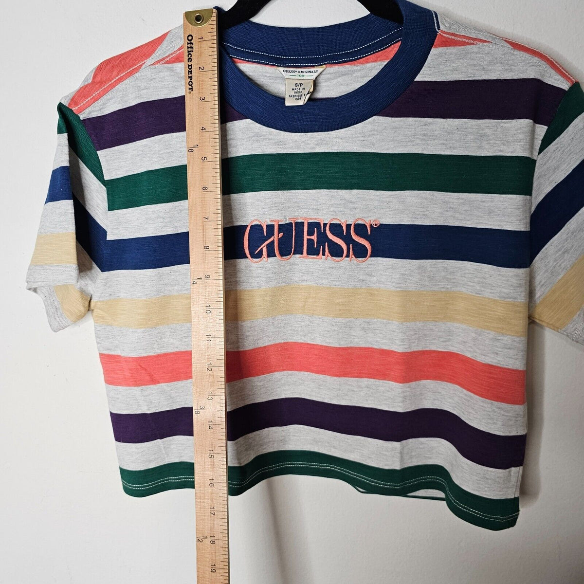 Guess Originals 1981 Gray Multi-Color Stripe Short Sleeve Crop Guess Logo SP