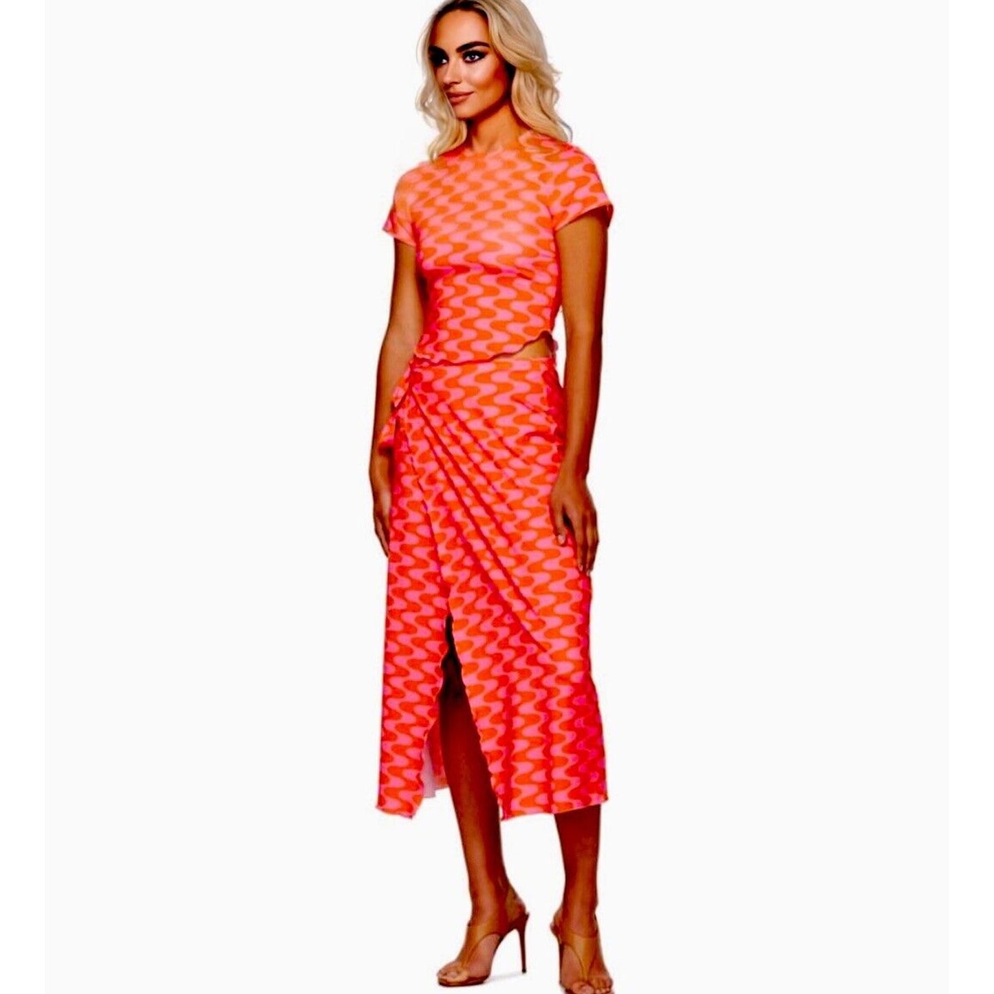 NWT Fensi Ssense Red Pink Wave Wrap Skirt & Short Sleeve Top M