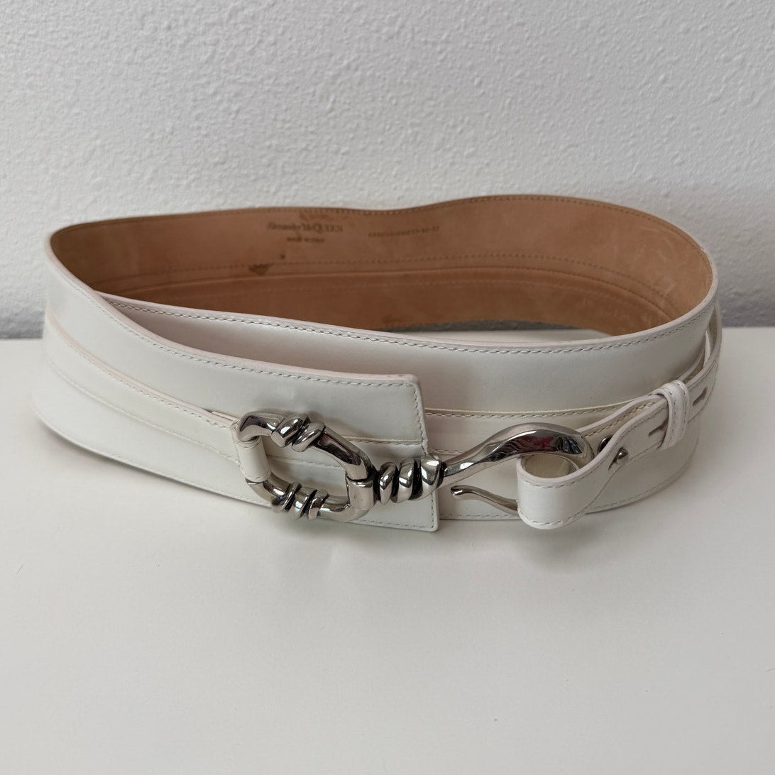 Alexander McQueen Ivory Calf Leather Wide Hook Waist Belt