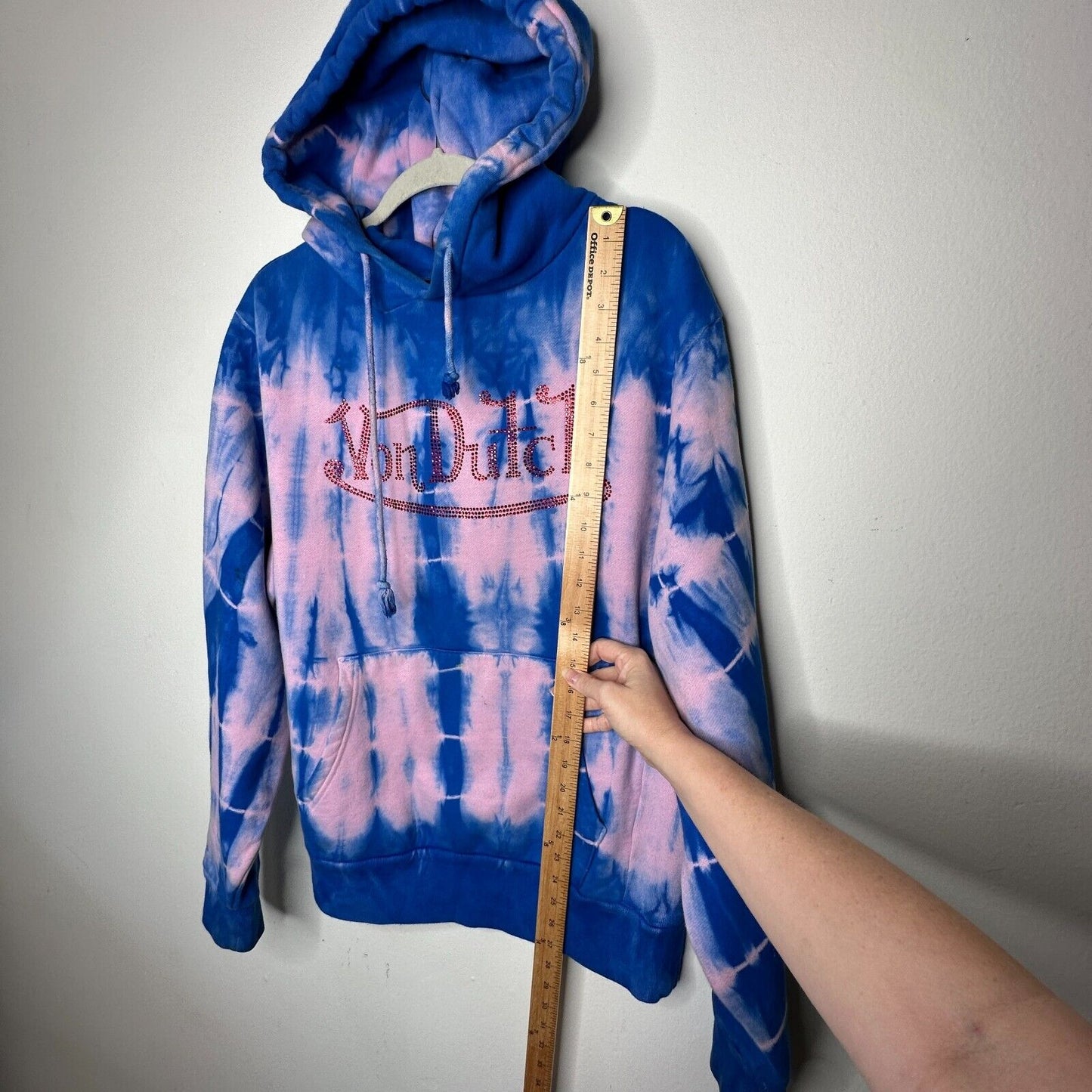 Von Dutch SET Blue Pink Tie Dye Red Rhinestone Logo Oversize Hoodie & Pants