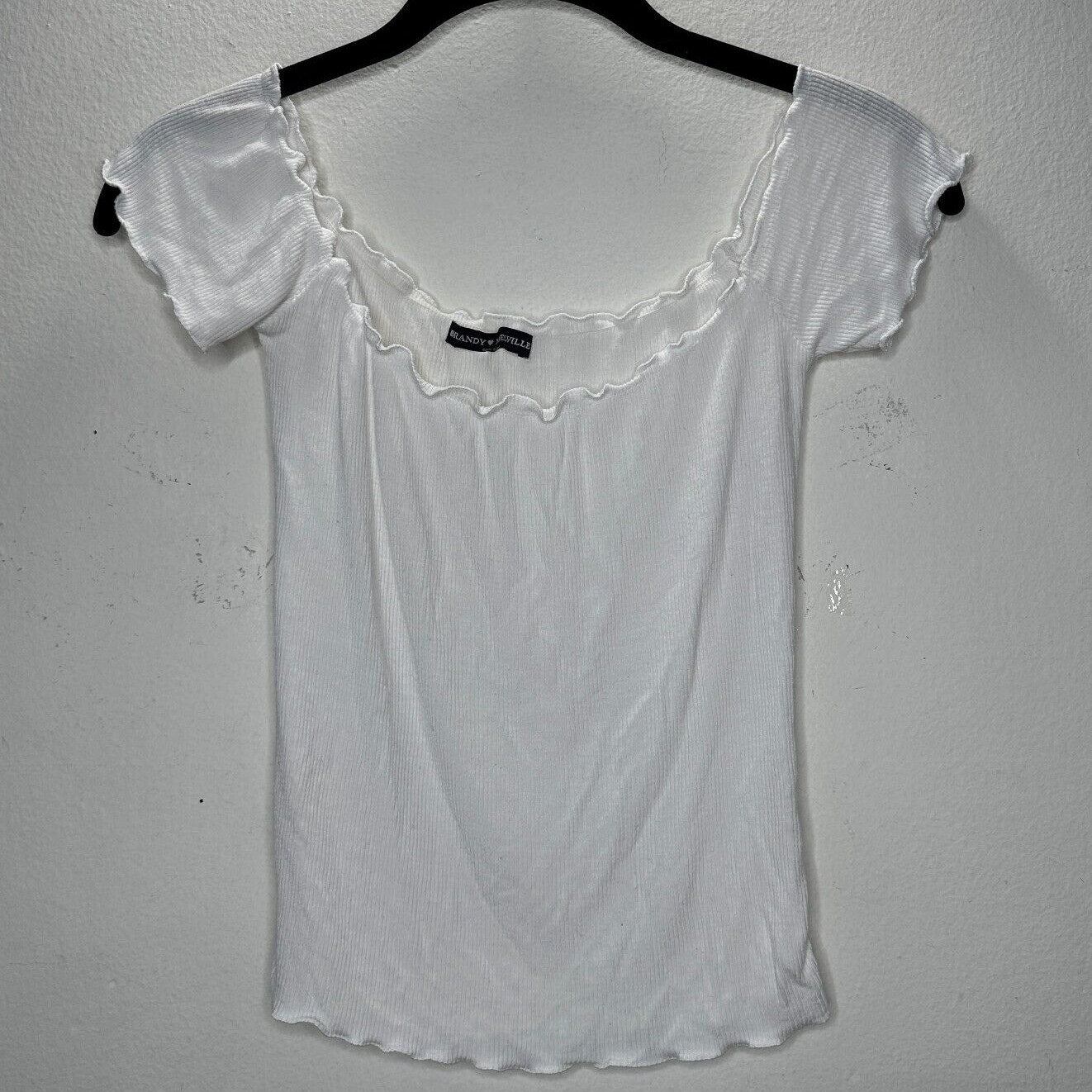 Brandy Melville White Crop Top Lettuce Trim Hem Neckline & Sleeve Rib Knit OS
