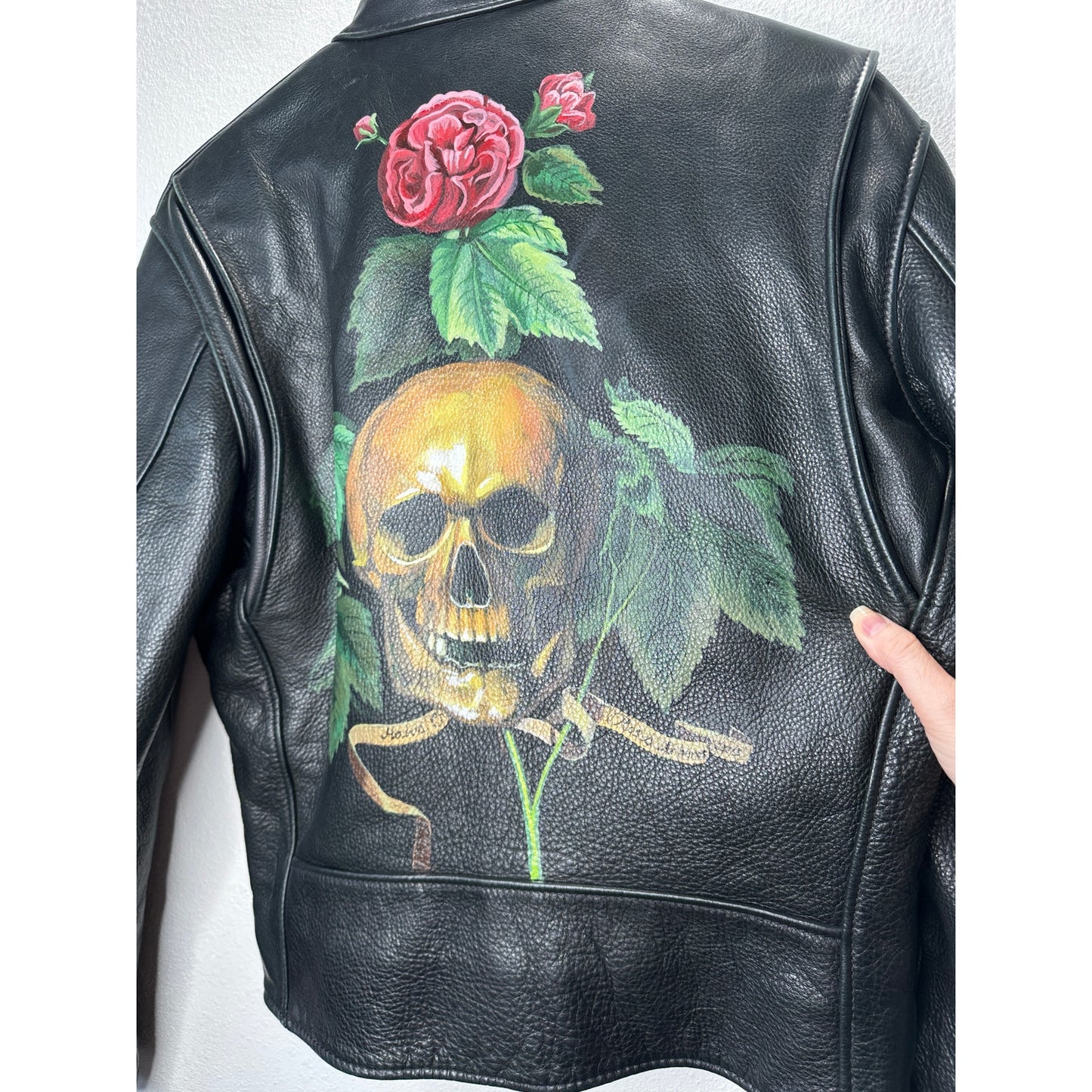 Libertine Hand-Painted Floral Skull Black Leather Moto Jacket M