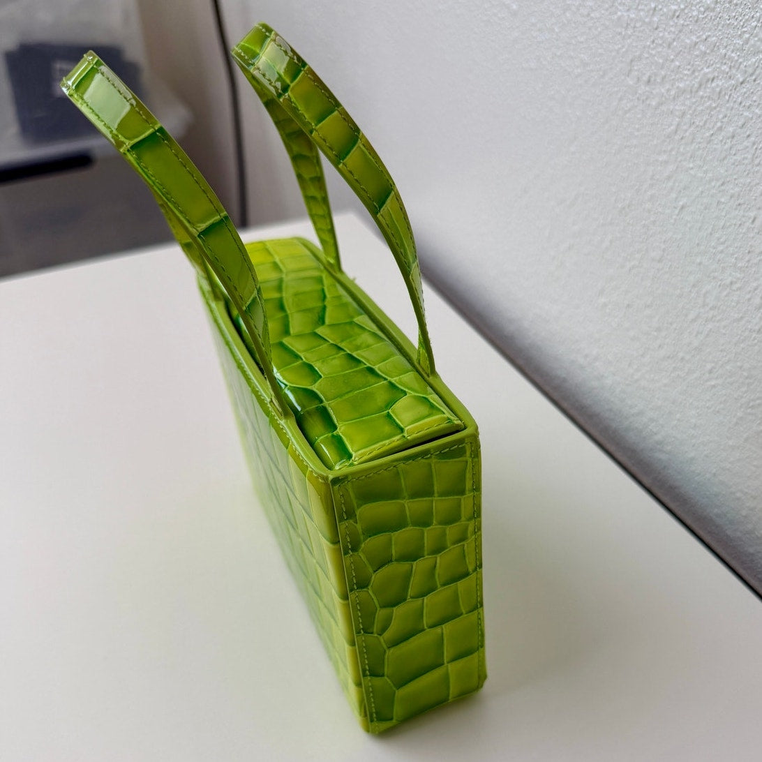 EUC Amina Muaddi Mini Croc Embossed Lime Green Leather Top Handle Bag