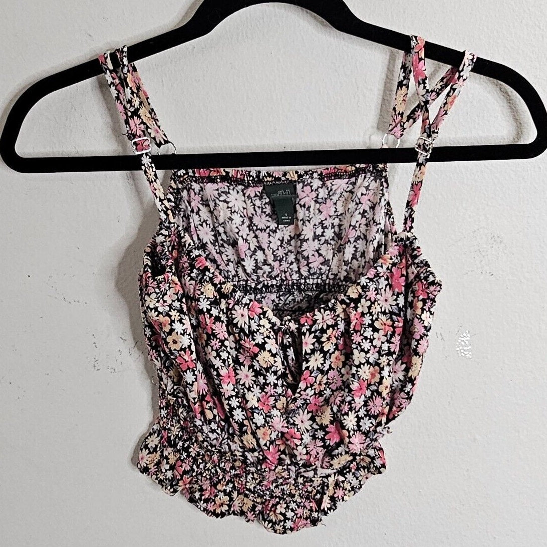 Wild Fable Black Pink Yellow Floral Keyhole Front Ruche Ruffle Crop Top Small