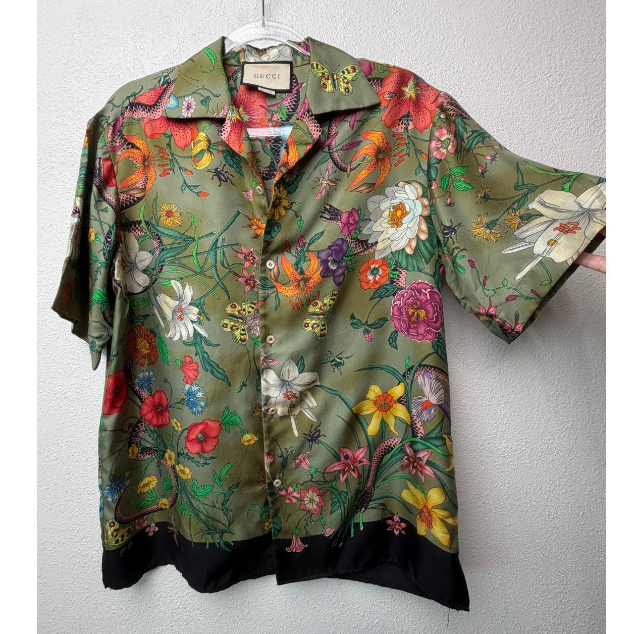Gucci Olive Flora Snake Silk Camp Shirt Men's US 34