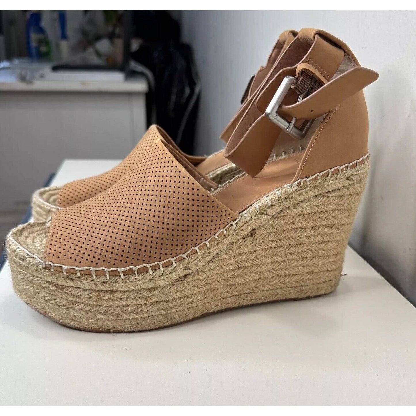 Marc Fisher Cute Tan Adalyne Platform Leather Open Toe Espadrille Wedges 7.5