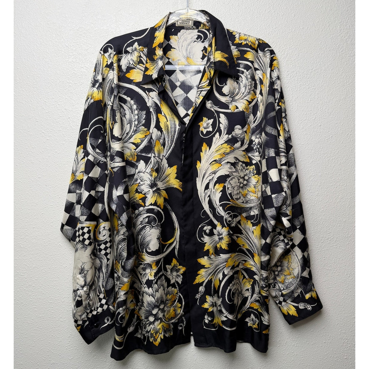 Vintage Gianni Versace Il Leone Barocco Lion Silk Shirt Black Yellow Men's XL