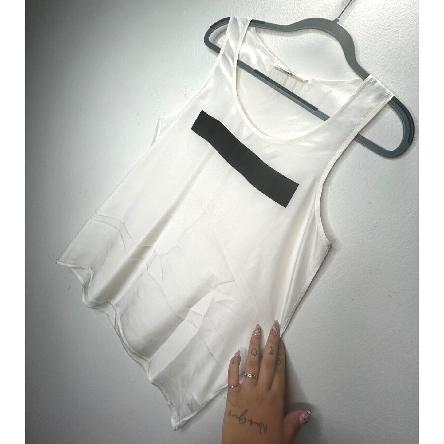 Allsaints Off-White 100% Silk Long Line Tank Top Black Rectangle Block Front 8