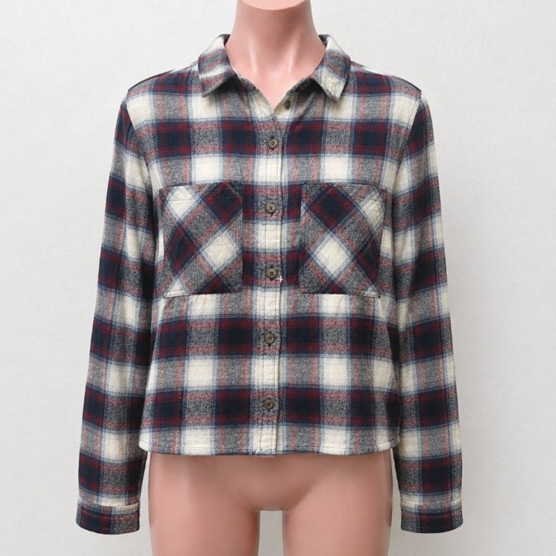 Black Red Blue White Plaid Cropped Long Sleeve Flannel Button Down Shirt M