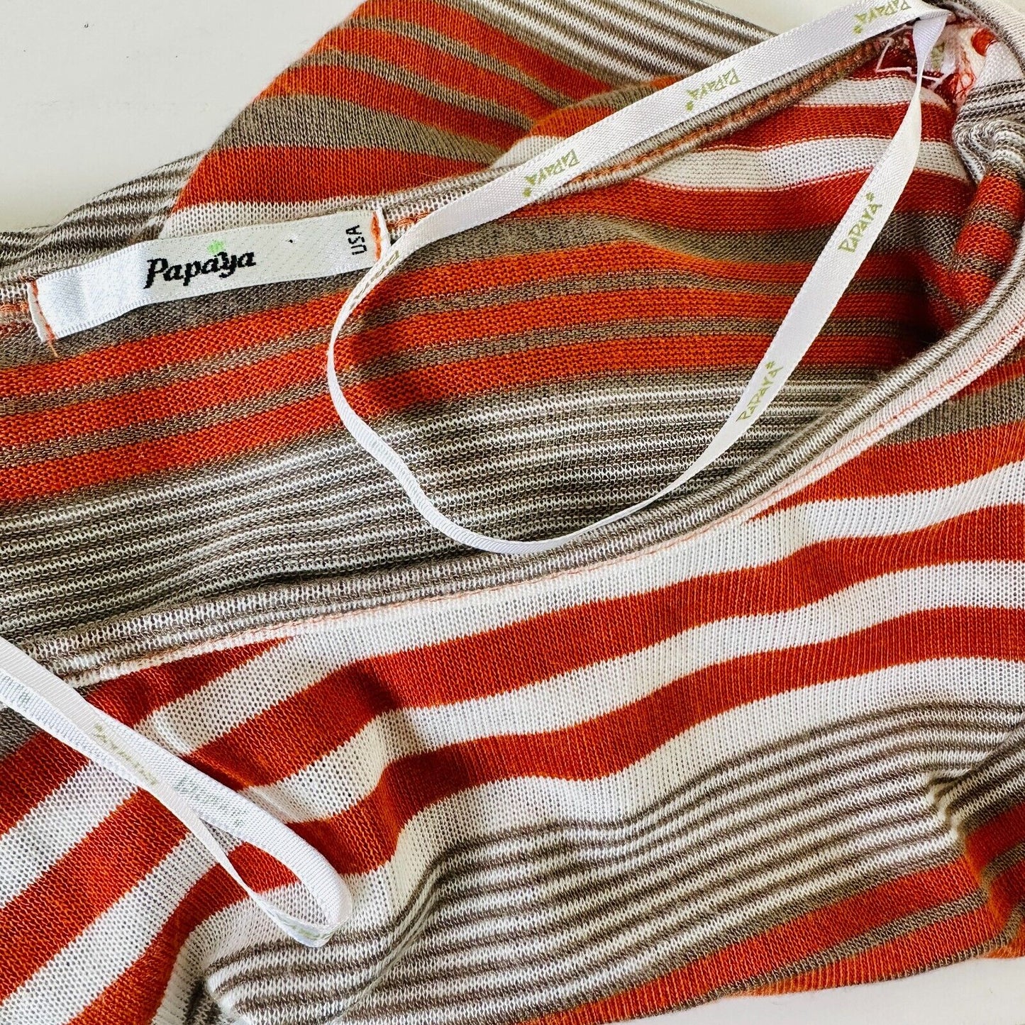 Papaya Casual White Orange Tan Striped Short Sleeve Crop Scoop Neck Tee Medium