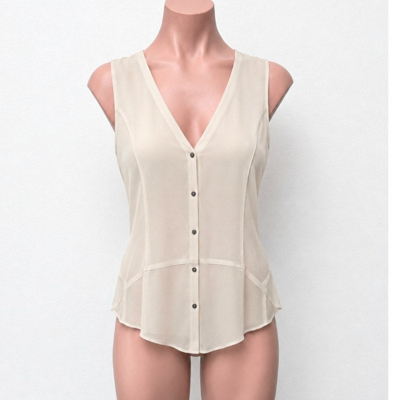 NWT Helmut Ghost 100% Sheer Silk in Salt V-Neck Sleeveless Blouse L