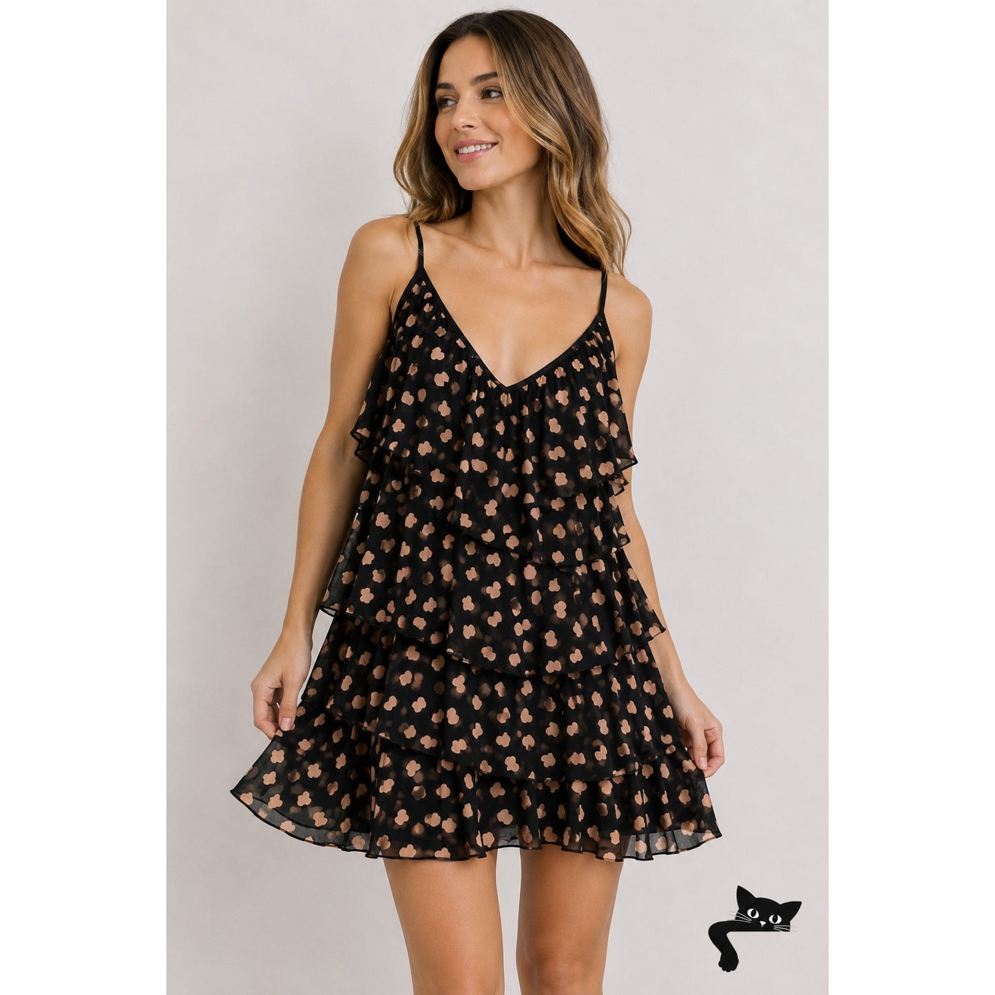 Carina Duek Black Peach Polka Dot Heart Vneck Tiered Ruffle Mini 40 / S