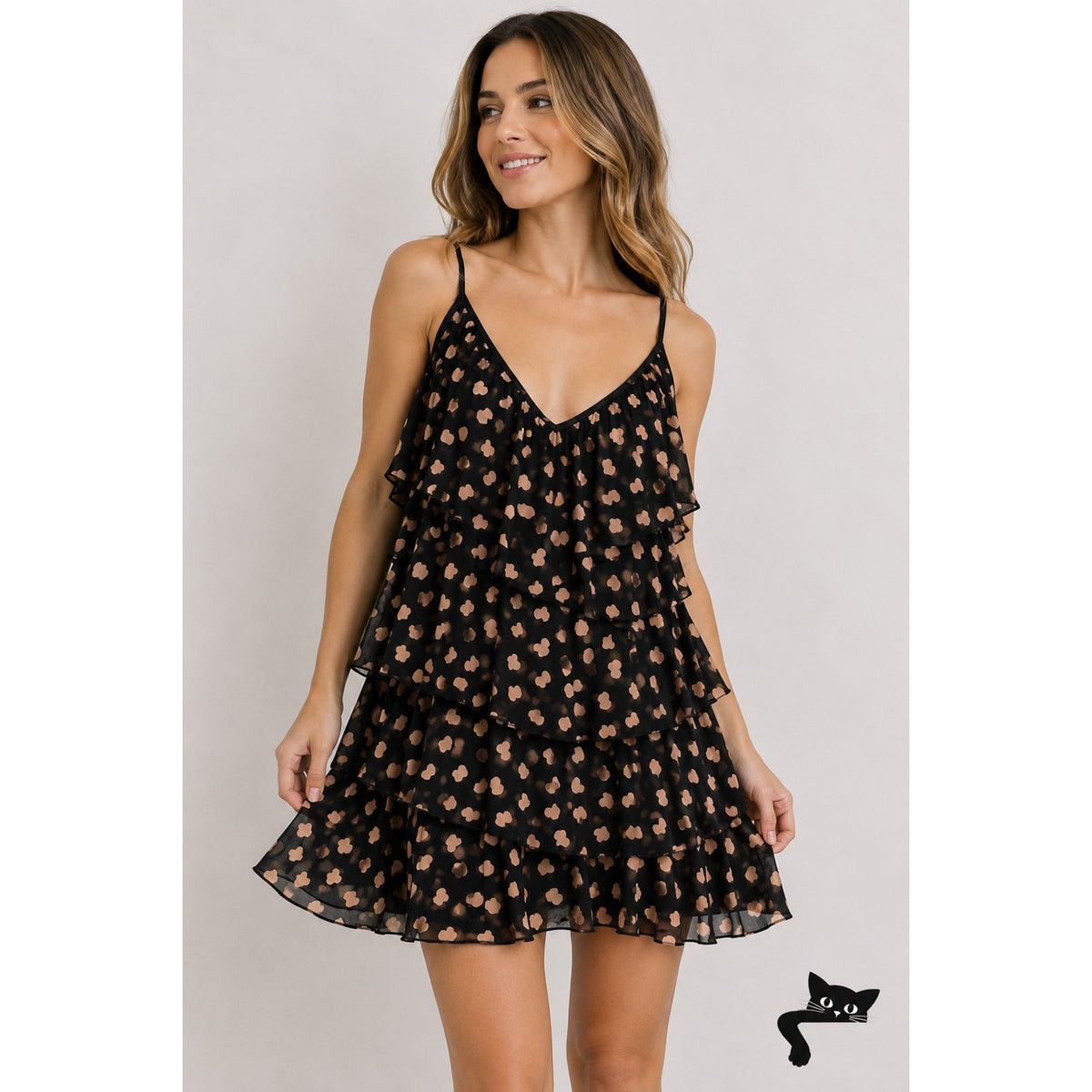 Carina Duek Black Peach Polka Dot Heart Vneck Tiered Ruffle Mini 40 / S