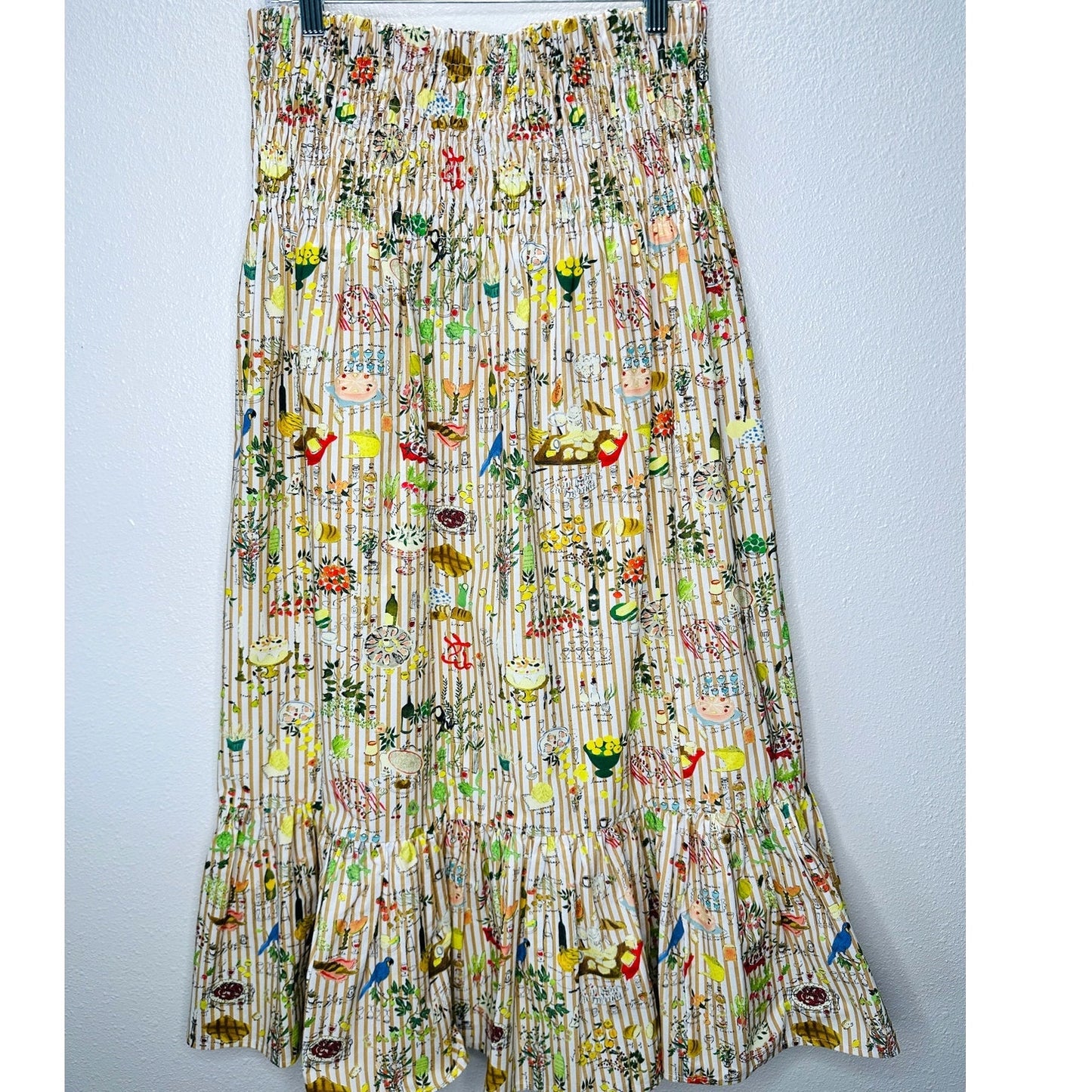 Rhode Artie Shirred Waist Ruffle Hem Printed Cotton Poplin Midi Skirt XL